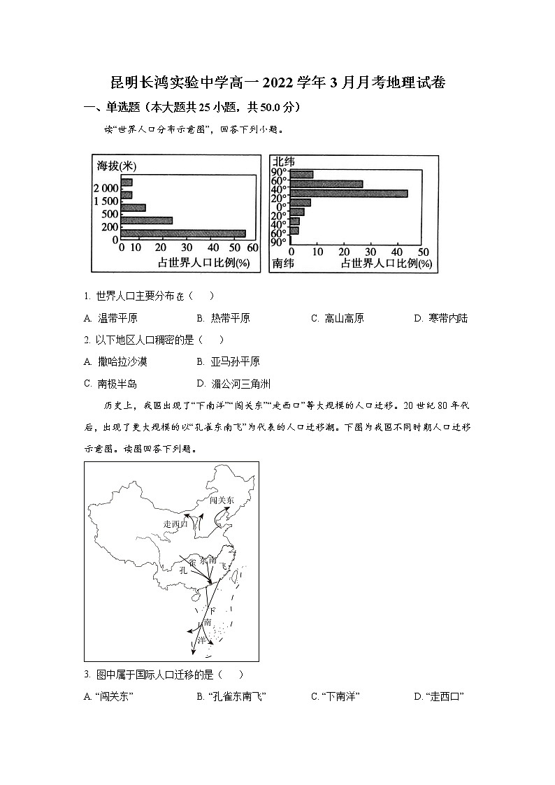 昆明长鸿实验中学2021-2022学年高一下学期3月月考地理试卷第1页