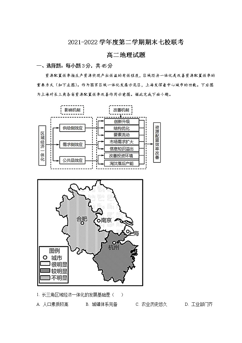 重庆市七校2021-2022学年高二上学期期末考试地理试卷第1页