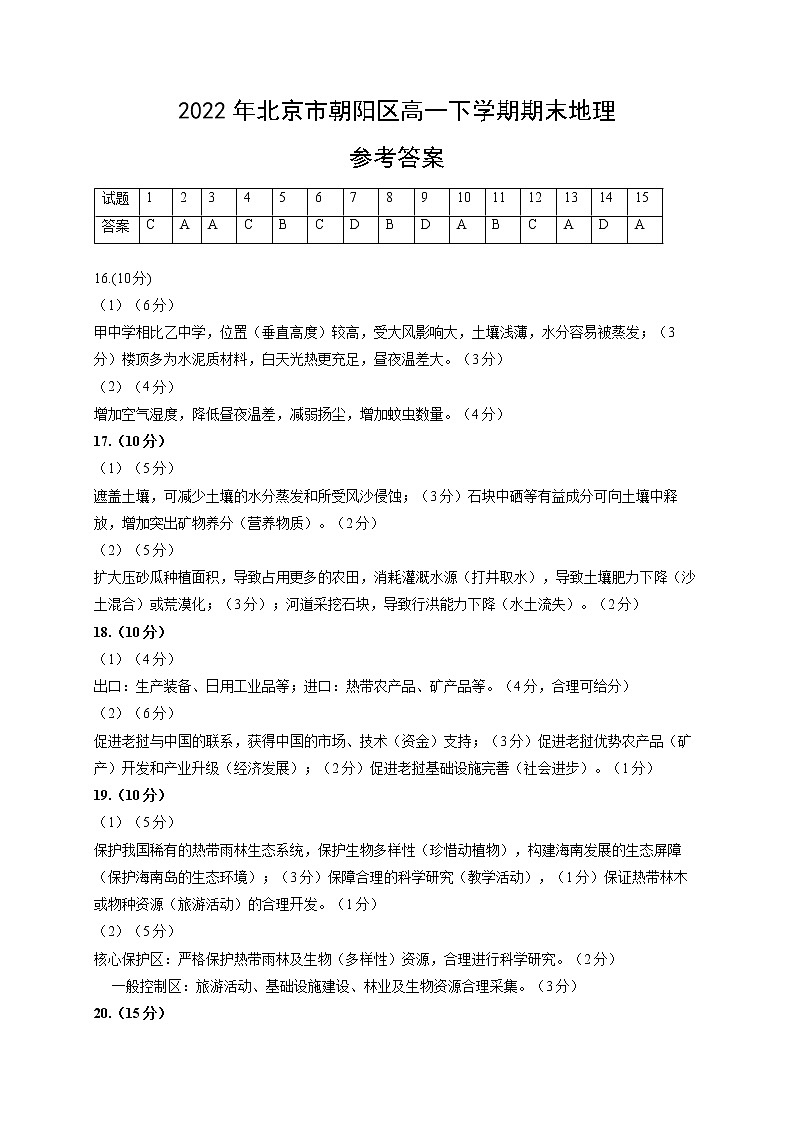 2021-2022学年北京市朝阳区高一下学期期末考试地理试卷（word版）01