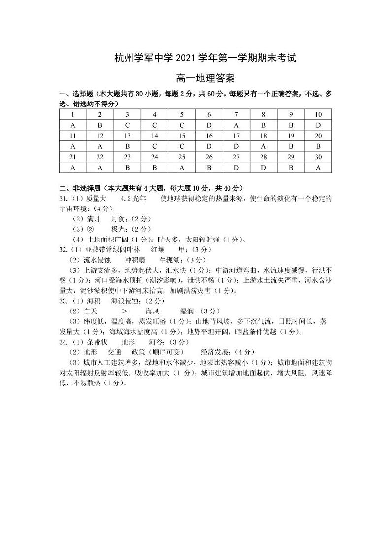 2021-2022学年浙江省杭州市学军中学高一上学期期末考试地理试卷01