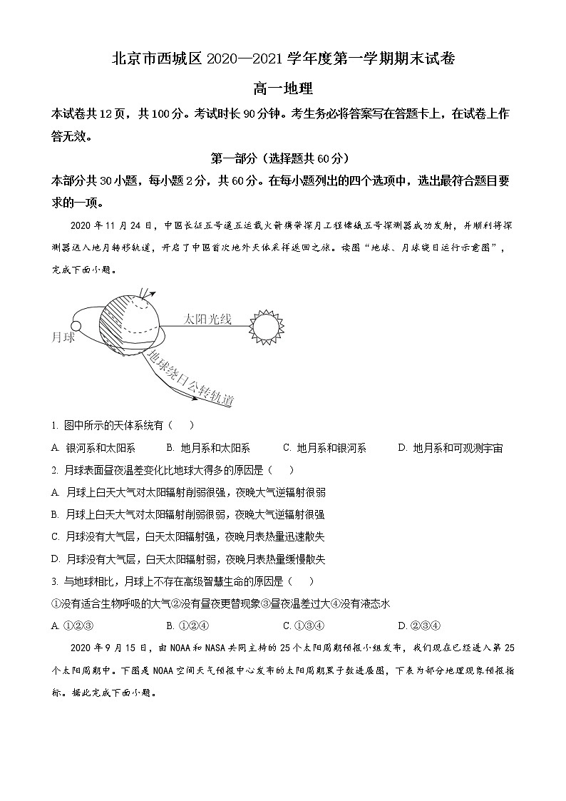 精品解析：北京市西城区2020-2021学年高一上学期期末地理试题（原卷版）第1页