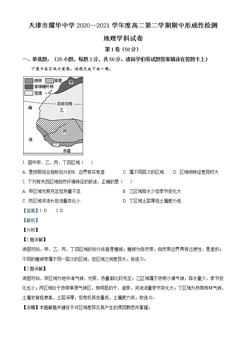 精品解析：天津市耀华中学2020-2021学年高二下学期期中地理试题（解析版）第1页