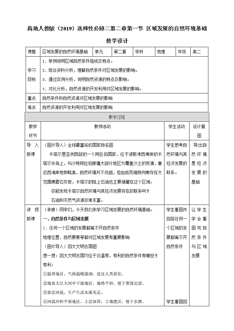 2.1 区域发展的自然环境基础  教学设计第1页