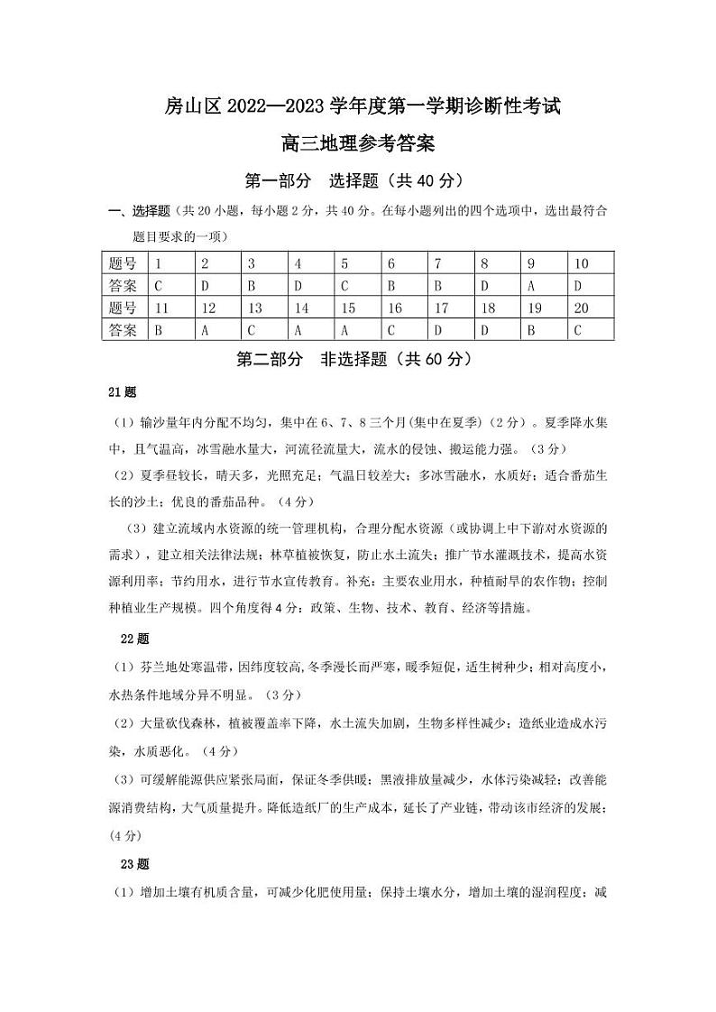 2022-2023学年北京房山区高三上学期期末考试 地理 PDF版01