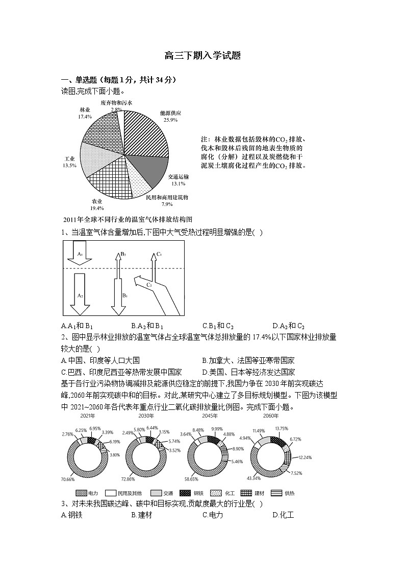 河南省伊川实验高中2022-2023学年高三下学期入学检测地理试题第1页