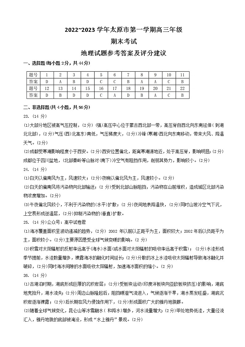 2022-2023学年山西省太原市高三上学期期末考试 地理 PDF版01