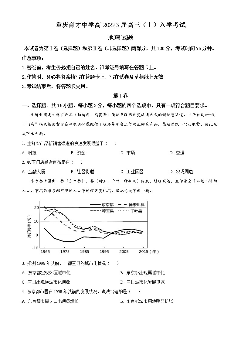 重庆市育才中学2022-2023学年高三上学期入学考试地理试题无答案第1页