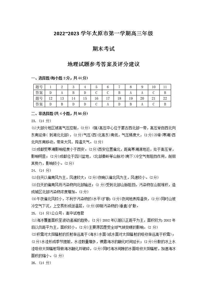 山西省太原市2022-2023学年高三上学期期末考试地理参考答案第1页