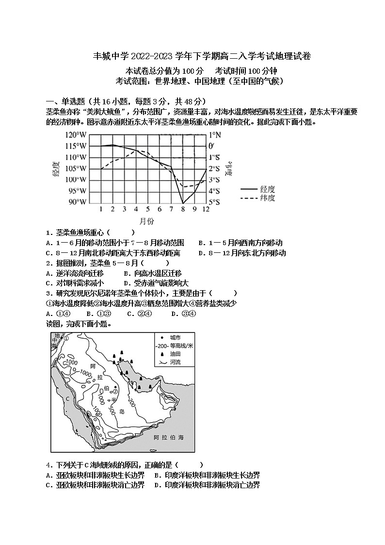 丰城中学2022-2023学年下学期高二入学考试地理试卷第1页