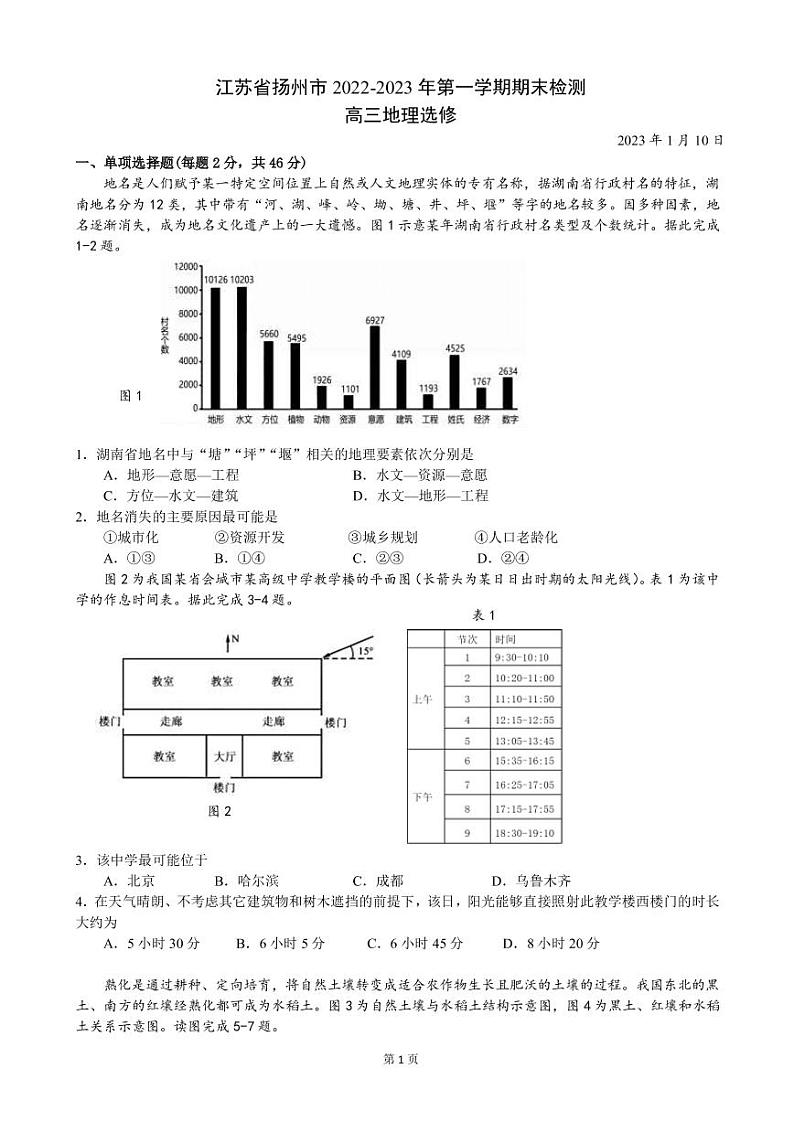 2023届江苏省扬州市高三上学期期末考试地理试卷 PDF版第1页