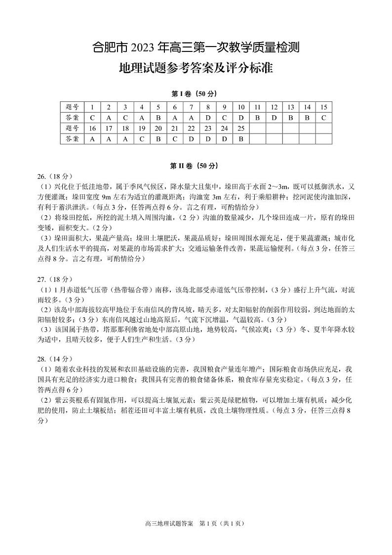 2023届安徽省合肥市高三第一次教学质量检测 地理试题及答案01