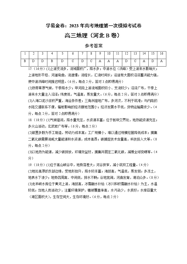 2023年高考第一次模拟考试卷：地理（河北B卷）（参考答案）第1页