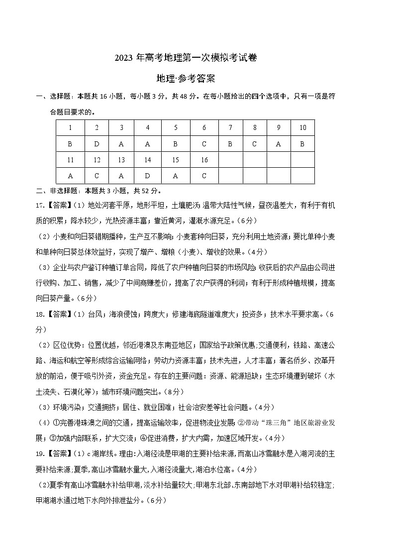2023年高考第一次模拟考试卷：地理（辽宁A卷）（参考答案）01