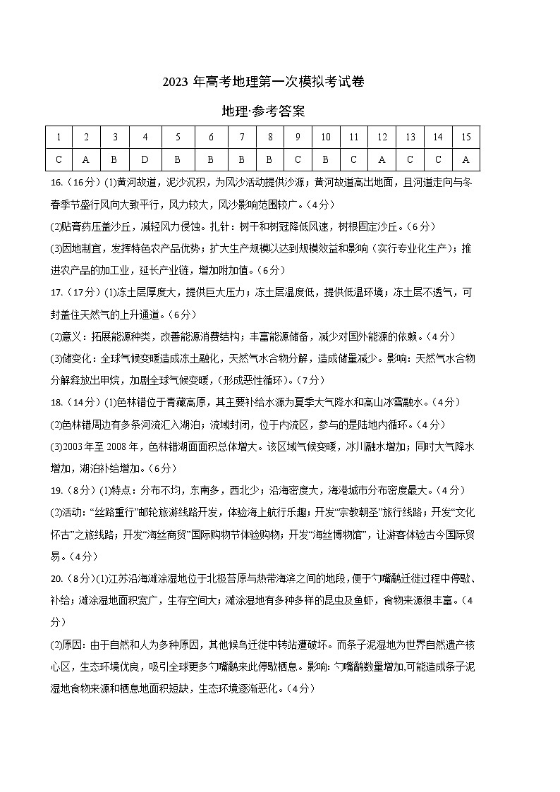 2023年高考第一次模拟考试卷：地理（重庆A卷）（参考答案）01