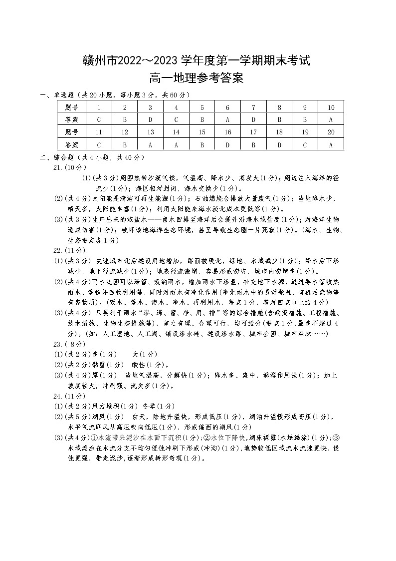 2023赣州度第一学期期末考试高一地理试题PDF版含答案01
