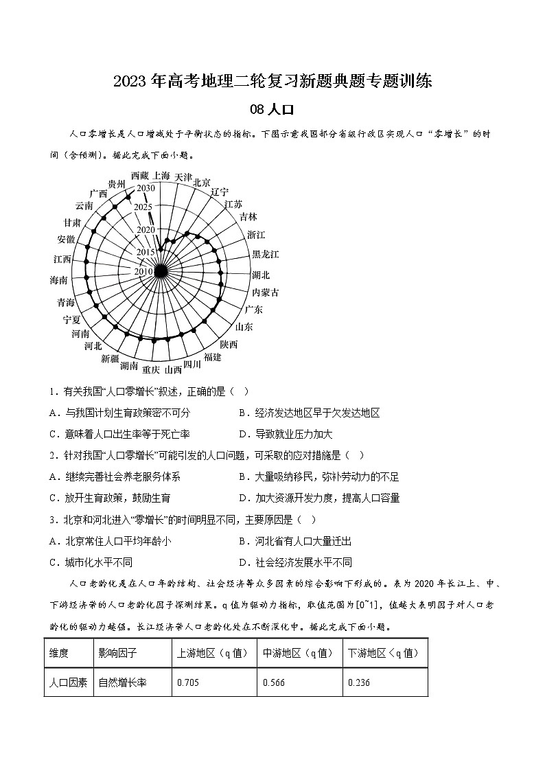 【高考二轮复习】2023年高考地理典型题汇编——08 人口（原卷版）第1页