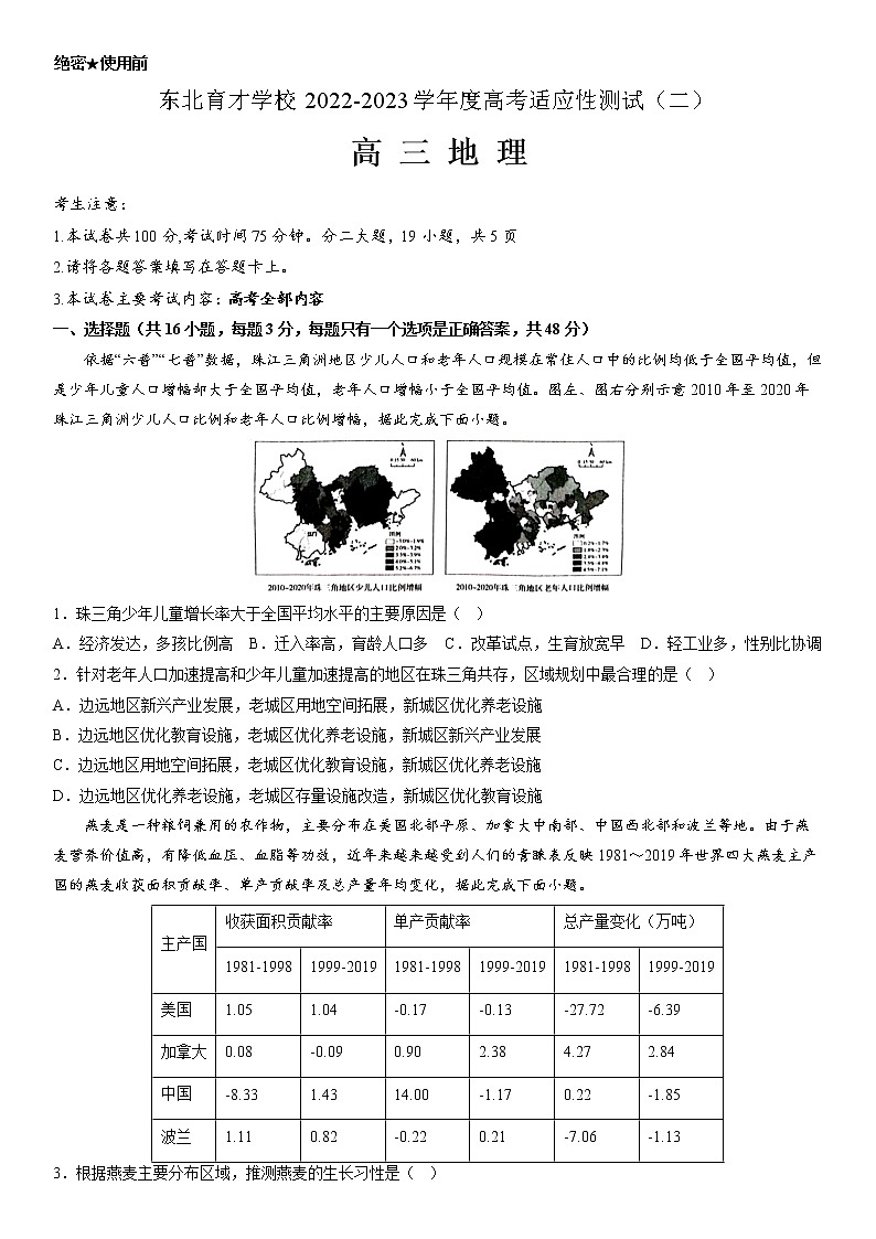2023届辽宁省沈阳市东北育才学校高三二模地理试题01