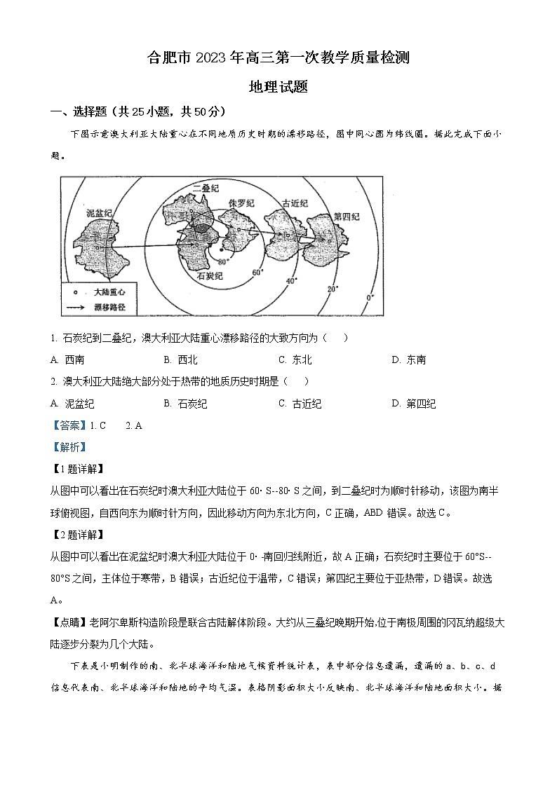 2023合肥高三下学期第一次教学质量检测（一模）地理试题含解析01