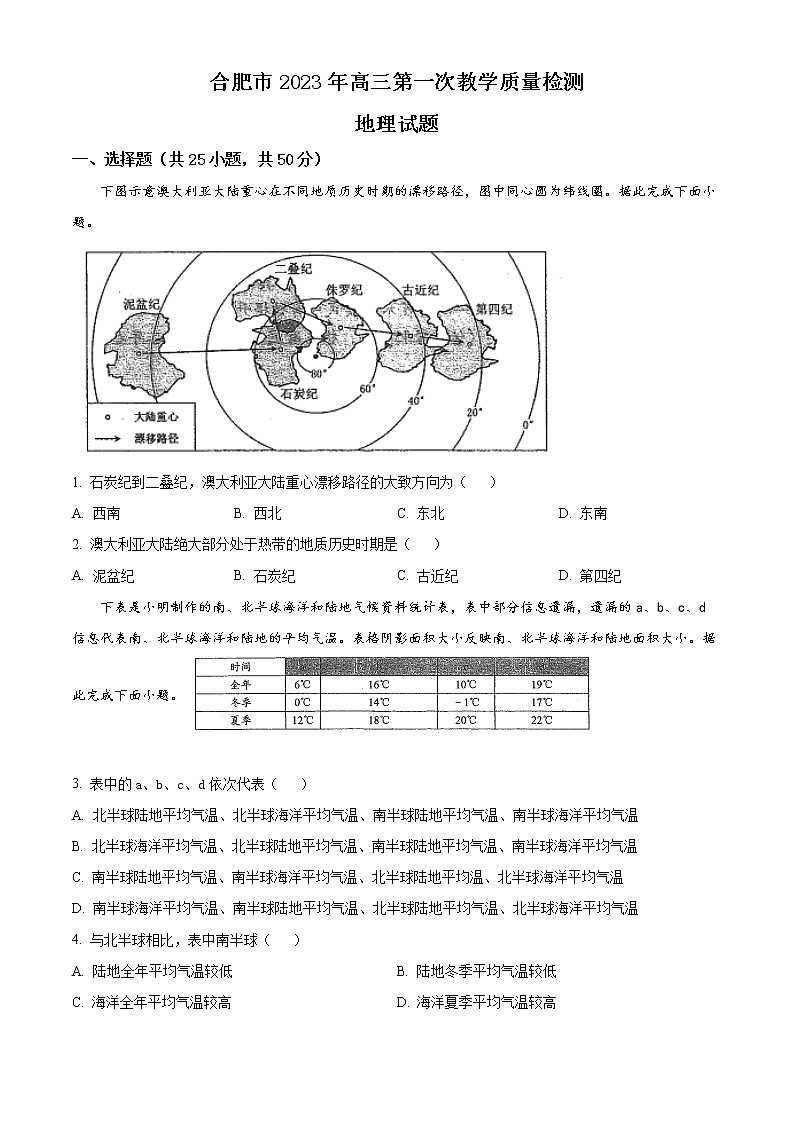 2023合肥高三下学期第一次教学质量检测（一模）地理试题含解析01