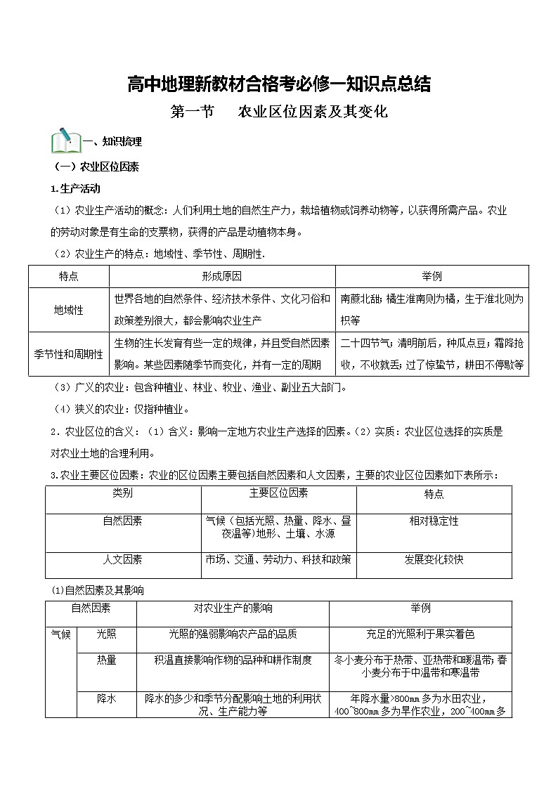 第三单元  产业区位因素（必备知识点）-高中地理学业水平考试必备考点归纳与测试（人教版）01