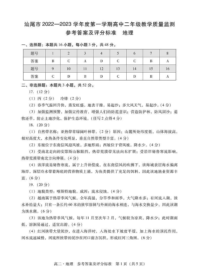 2023汕尾高二上学期期末考试（2月）地理含解析01