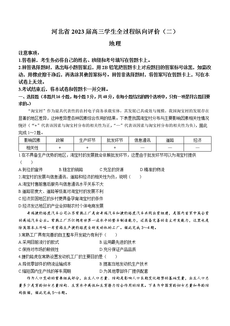 河北省2022-2023学年高三下学期月考（全过程纵向评价）（二）地理试题第1页