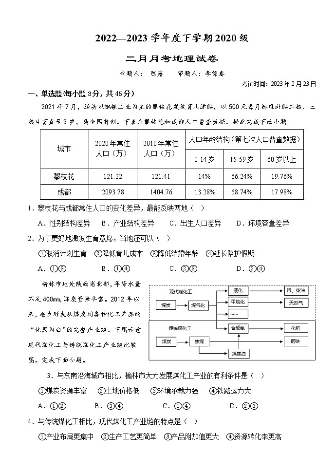 湖北省沙市中学2022-2023学年高三下学期2月月考最终稿地理试卷第1页