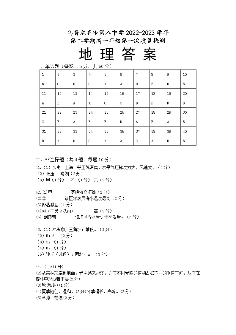 2023乌鲁木齐八中高一下学期第一次质量检测（开学摸底）地理试题含答案01