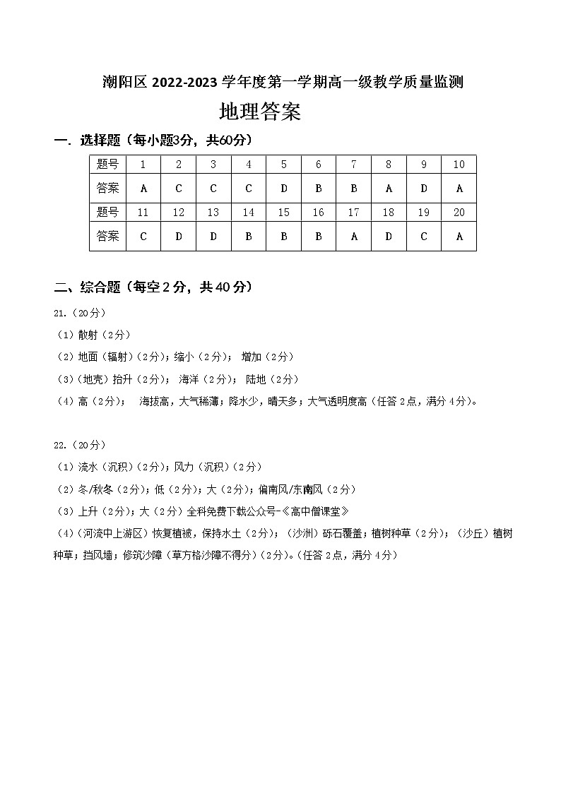 广东省汕头市潮阳区2022-2023学年高一上学期期末教学质量监测地理答案第1页