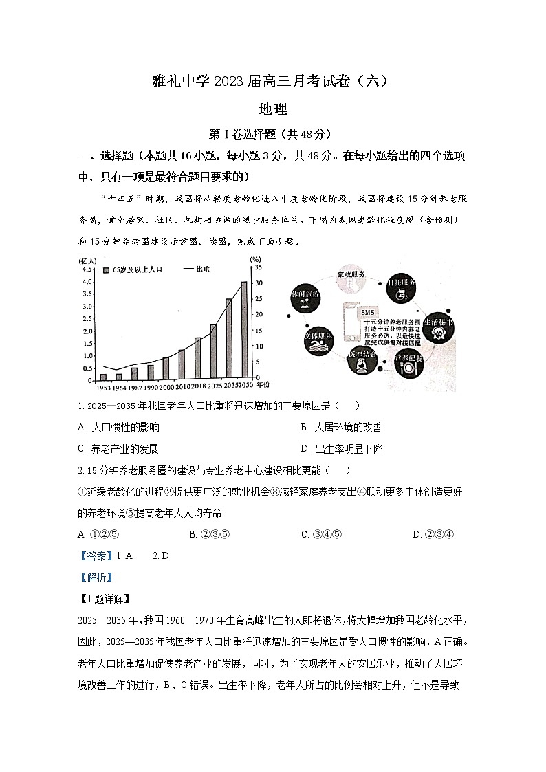 湖南省长沙市雅礼中学2023届高三地理下学期月考卷（六）试题（Word版附解析）第1页