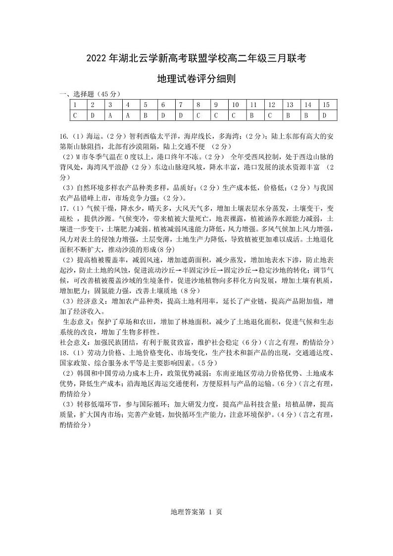 湖北省云学新高考联盟2022-2023学年高二下学期3月联考地理答案第1页
