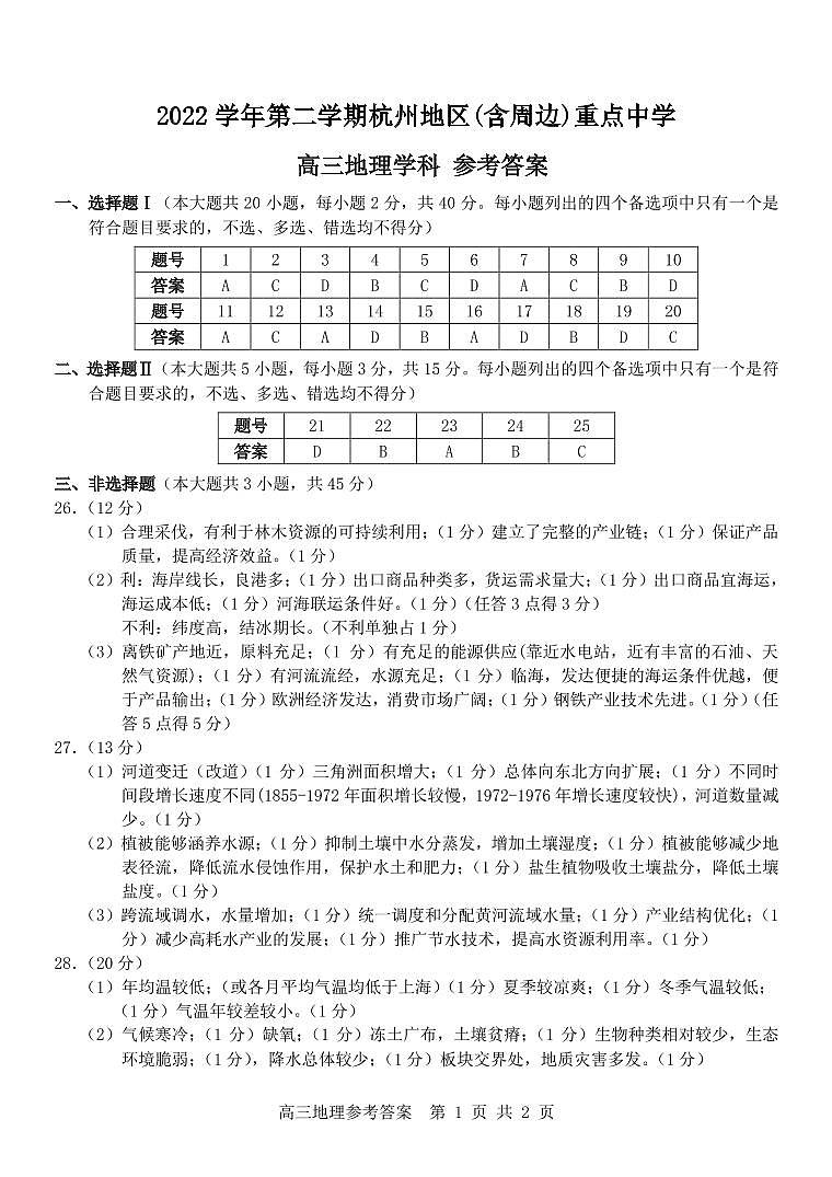 杭州及周边3月联考-地理答案第1页