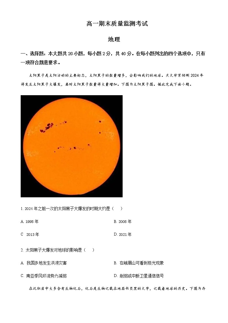 2022-2023学年陕西省渭南市大荔县高一上学期期末考试地理试题含答案01