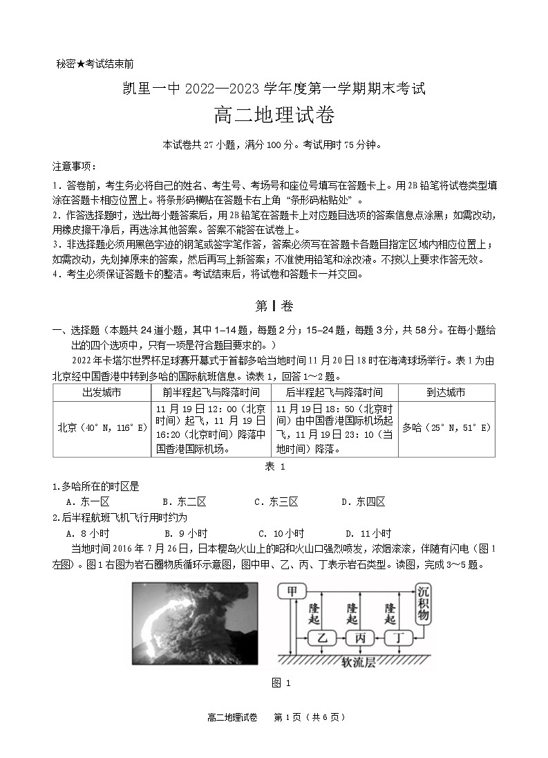 2022-2023学年贵州省凯里市第一中学高二上学期期末地理试题含答案第1页