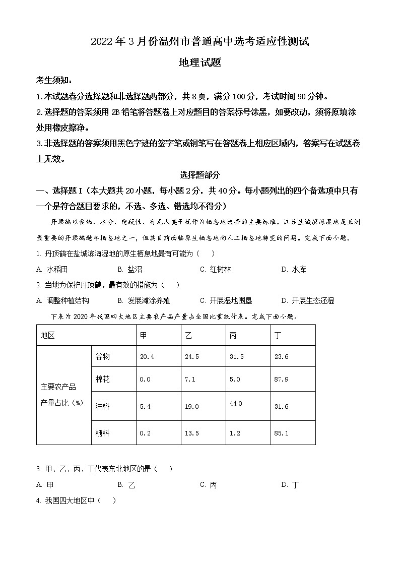 2022温州高三下学期3月适应性测试（二模）地理含解析01