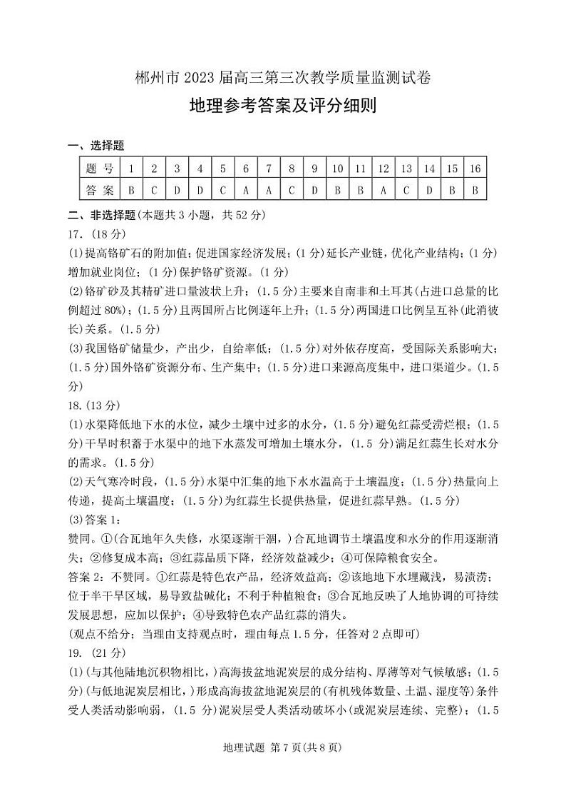 湖南省郴州市2023届高三第三次教学质量检测丨地理01