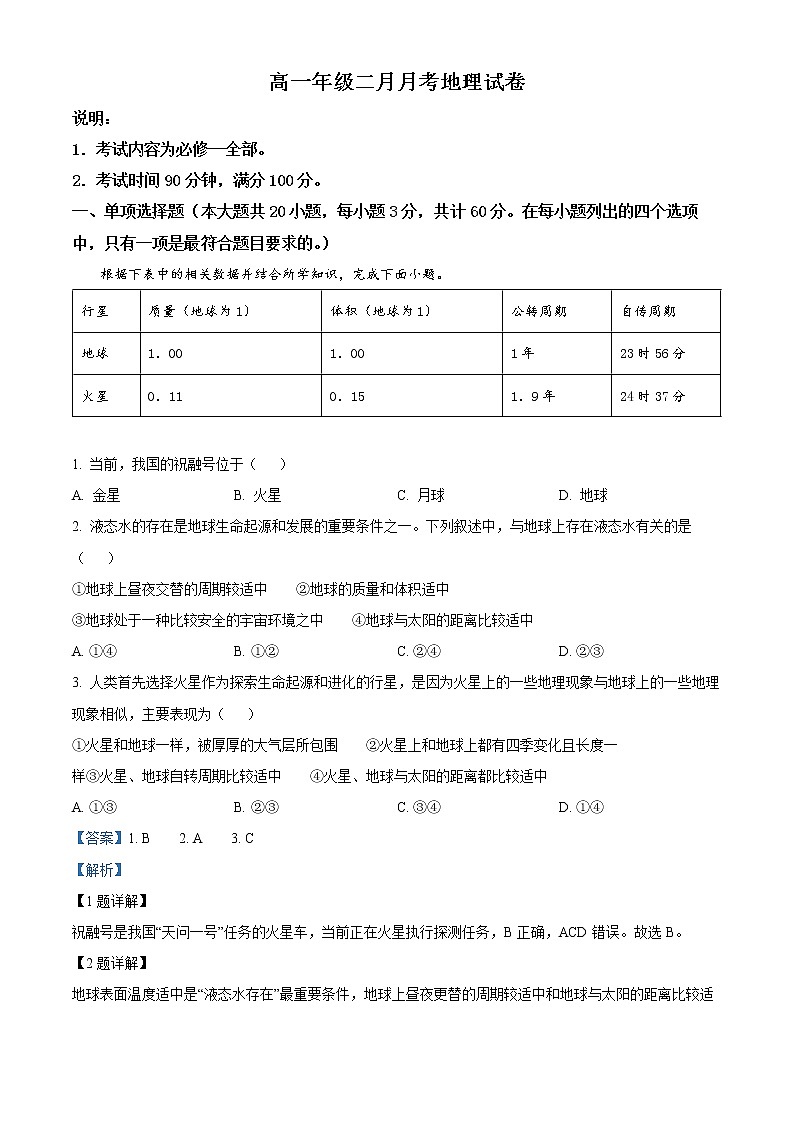 2023张掖高台县一中高一下学期2月月考试题地理含解析01