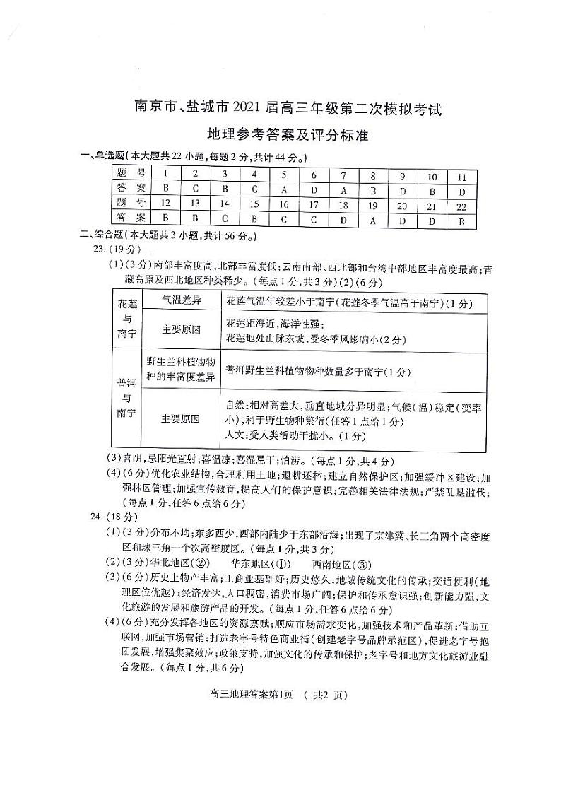 南京二模地理答案第1页