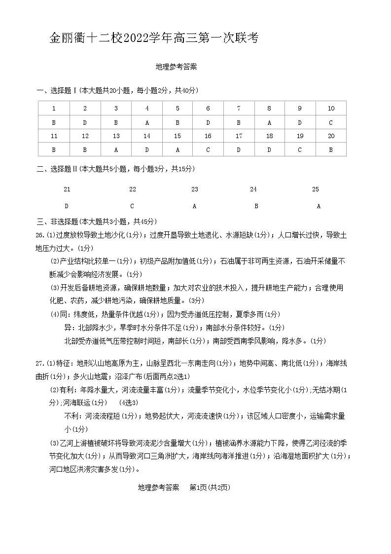浙江省金丽衢十二校2022-2023学年高三上学期第一次联考（一模）试题  地理答案第1页