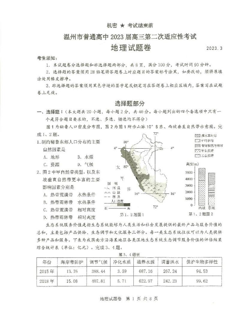 2023温州普通高中高三下学期3月第二次适应性考试（二模）地理PDF版含答案01