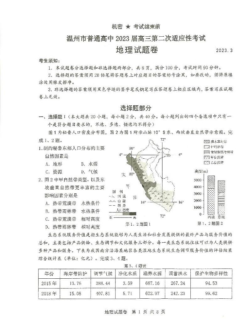 浙江省温州市普通高中2023届高三下学期第二次适应性考试地理试题第1页