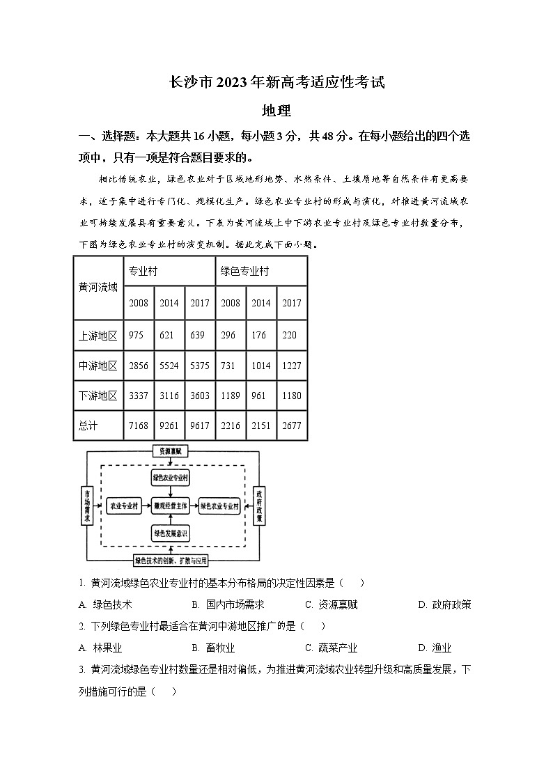 湖南省长沙市2023届高三地理上学期新高考适应性考试试卷（Word版附答案）01