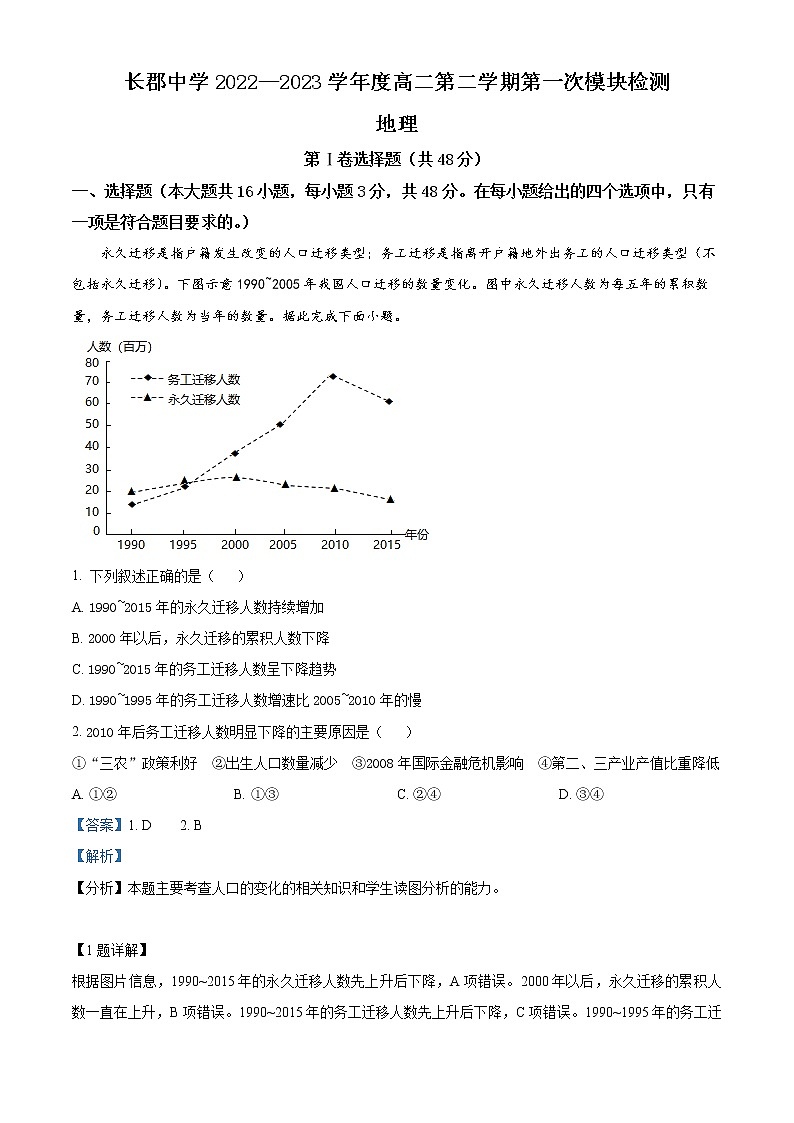 2023长沙长郡中学高二下学期第一次月考地理试题含解析01