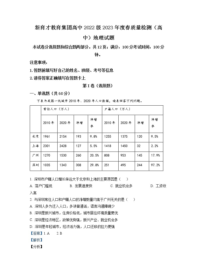 四川省广安市育才学校2022-2023学年高一地理下学期3月月考试题（Word版附解析）第1页