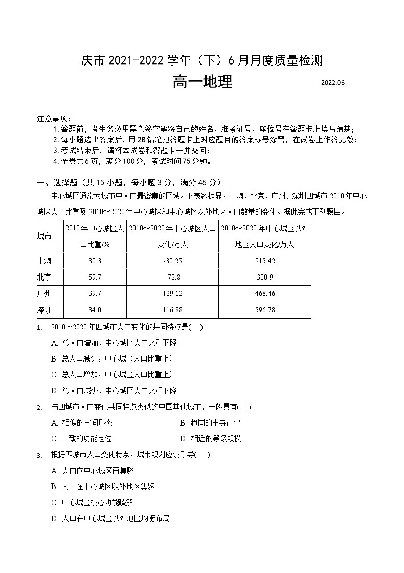 2021-2022学年重庆市缙云教育联盟高一6月质量检测地理试题01