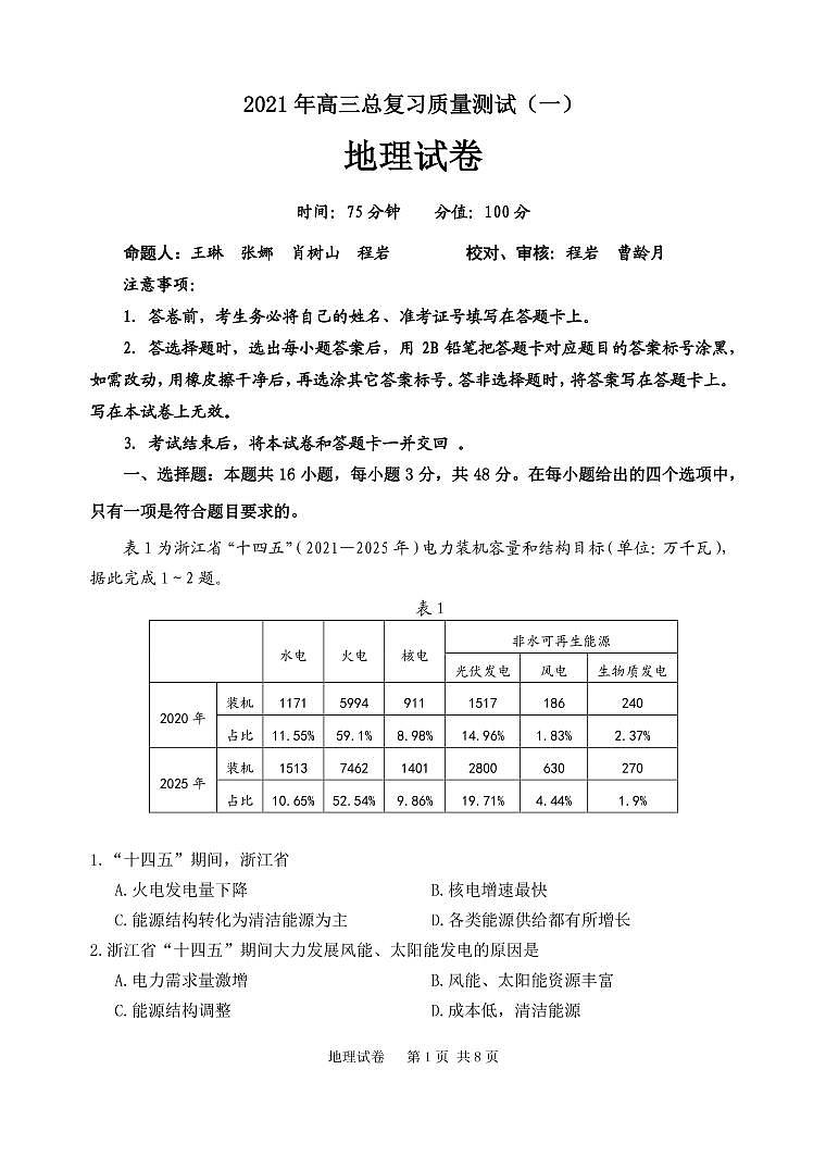 2021届辽宁省丹东市高三下学期总复习质量测试（一）（一模）地理试题 PDF版01