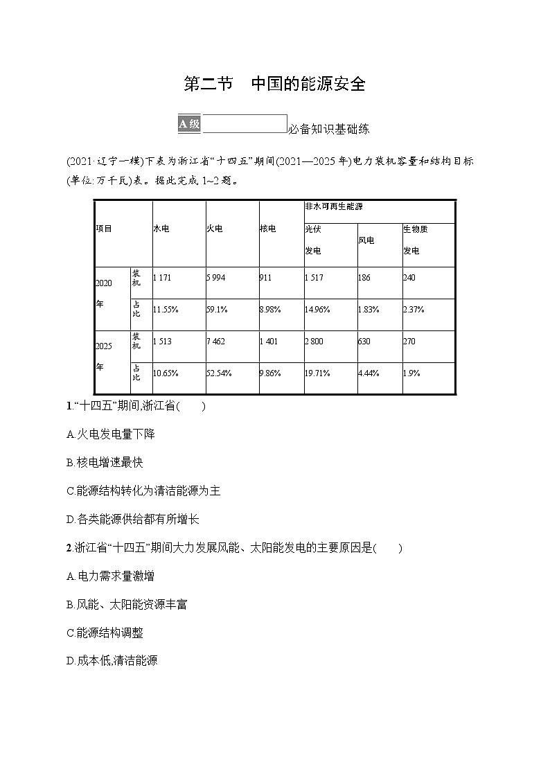 人教版高中地理选择性必修3第二章资源安全与国家安全第二节中国的能源安全习题含答案01