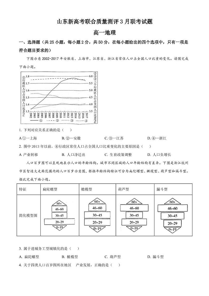 2022-2023学年山东省新高考联合质量测评高一下学期3月联考地理试题（PDF版）01