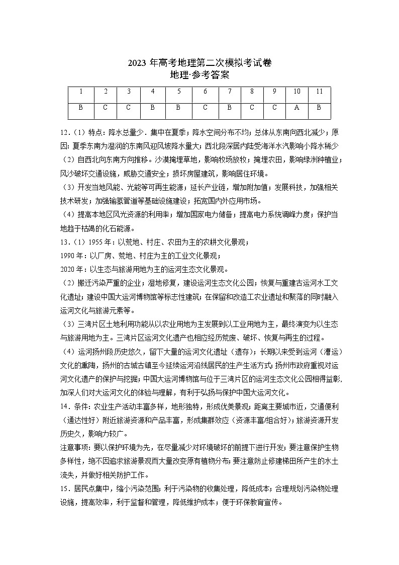 地理（全国乙卷B卷）（参考答案）-2023年高考地理第二次模拟考试卷第1页