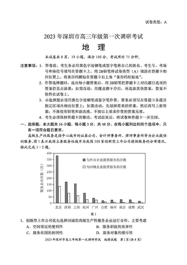 2023年深圳市高三一模地理试题含答案解析01